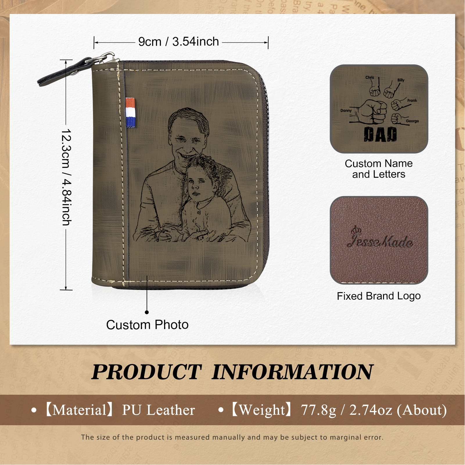 5 Names - Personalized Photo Text Custom Leather Men's Wallet Custom Name Zipper Wallet for Dad