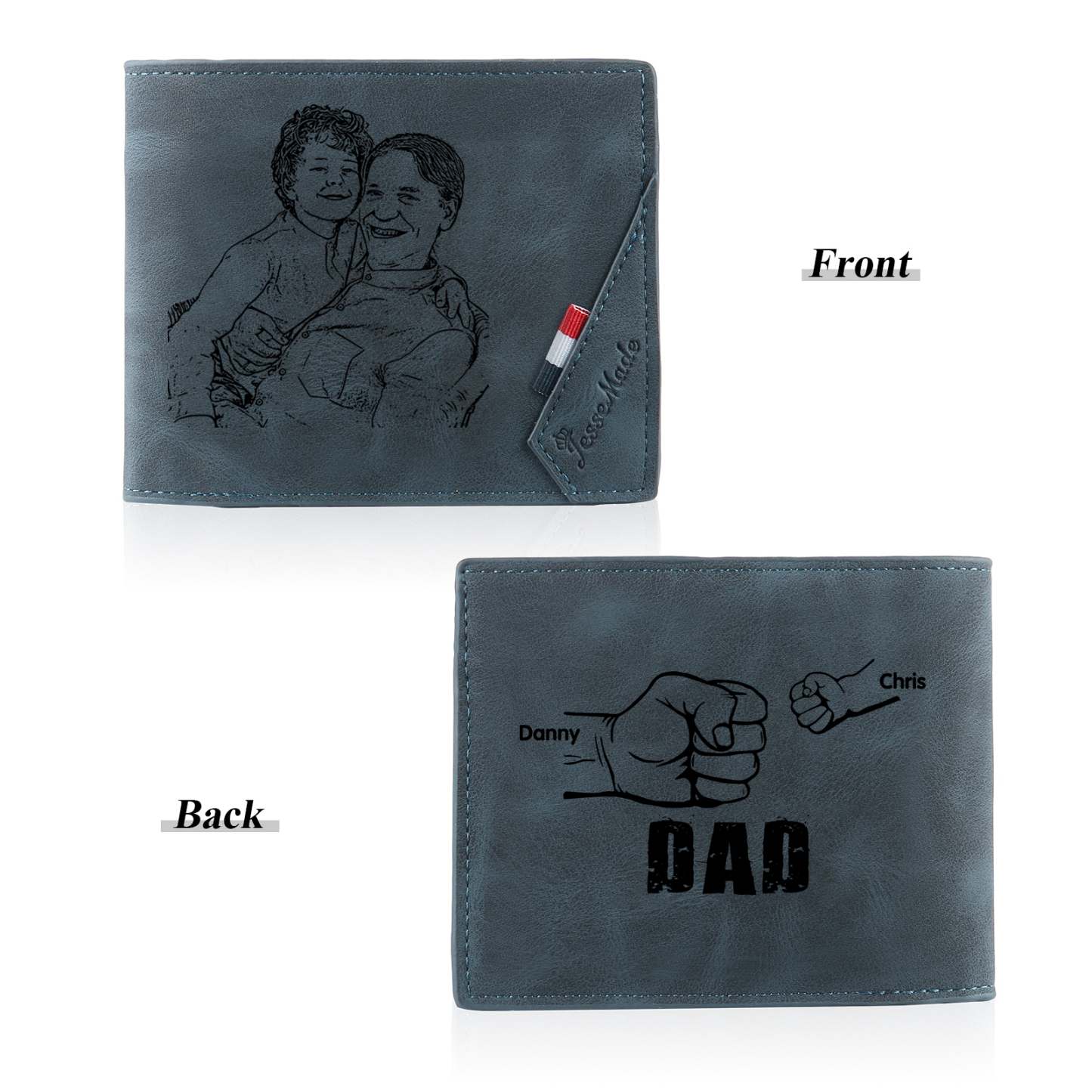 2 Names - Personalized Photo Custom Leather Men's Wallet as a Father's Day Gift for Dad