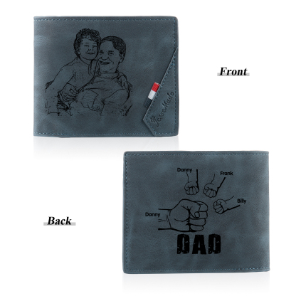 4 Names - Personalized Photo Custom Leather Men's Wallet as a Father's Day Gift for Dad