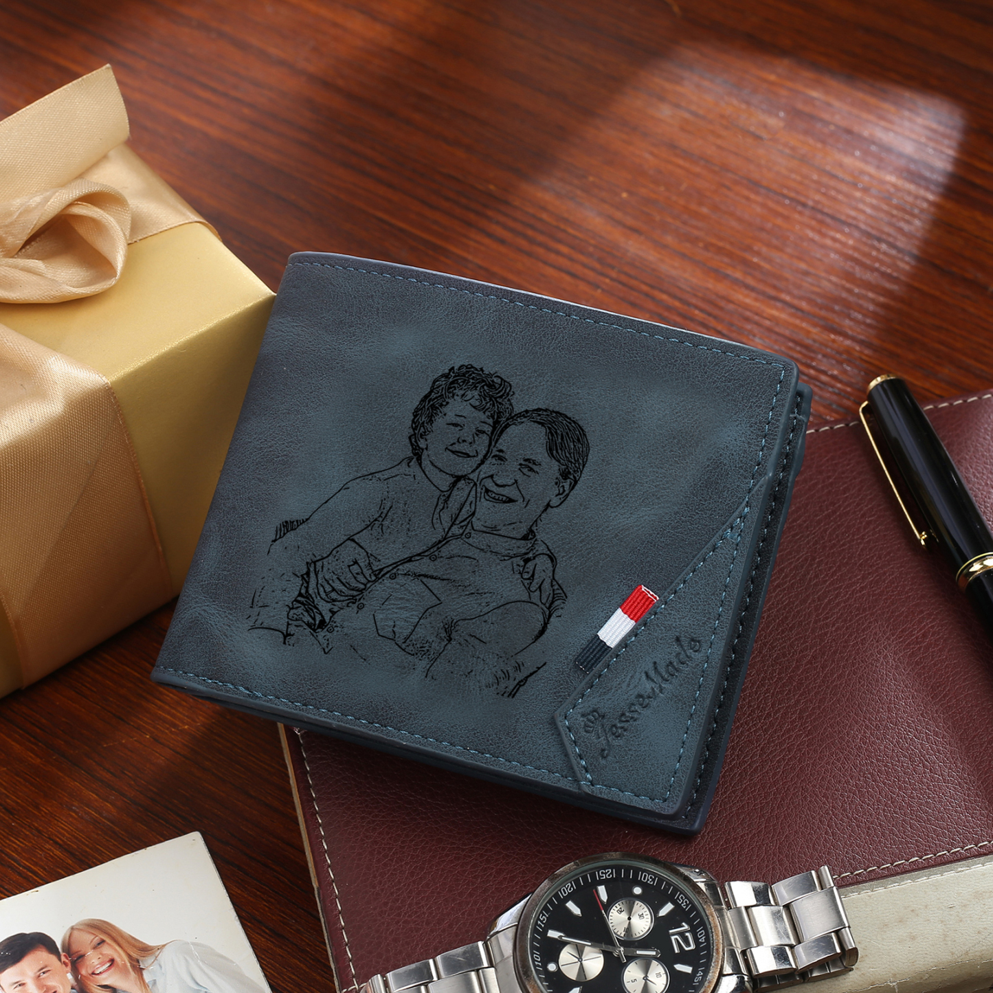 2 Names - Personalized Photo Custom Leather Men's Wallet as a Father's Day Gift for Dad