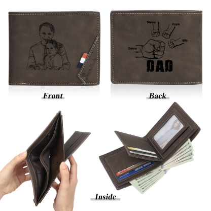 4 Names - Personalized Photo Custom Leather Men's Wallet as a Father's Day Gift for Dad