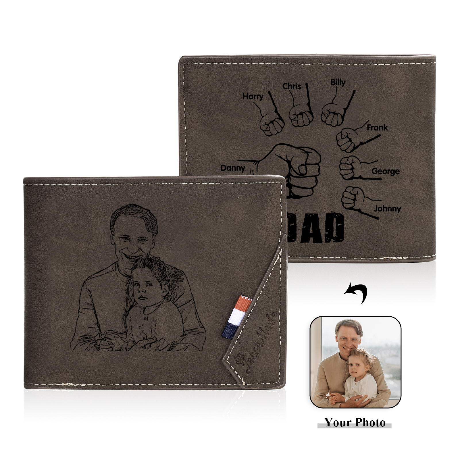7 Names - Personalised Photo Custom Leather Men's Wallet as a Father's Day Gift for Dad