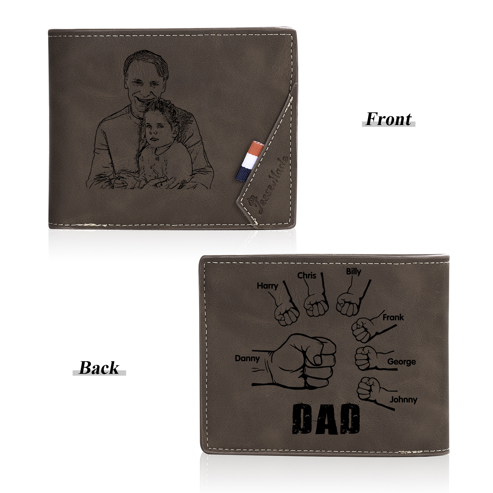 7 Names - Personalised Photo Custom Leather Men's Wallet as a Father's Day Gift for Dad
