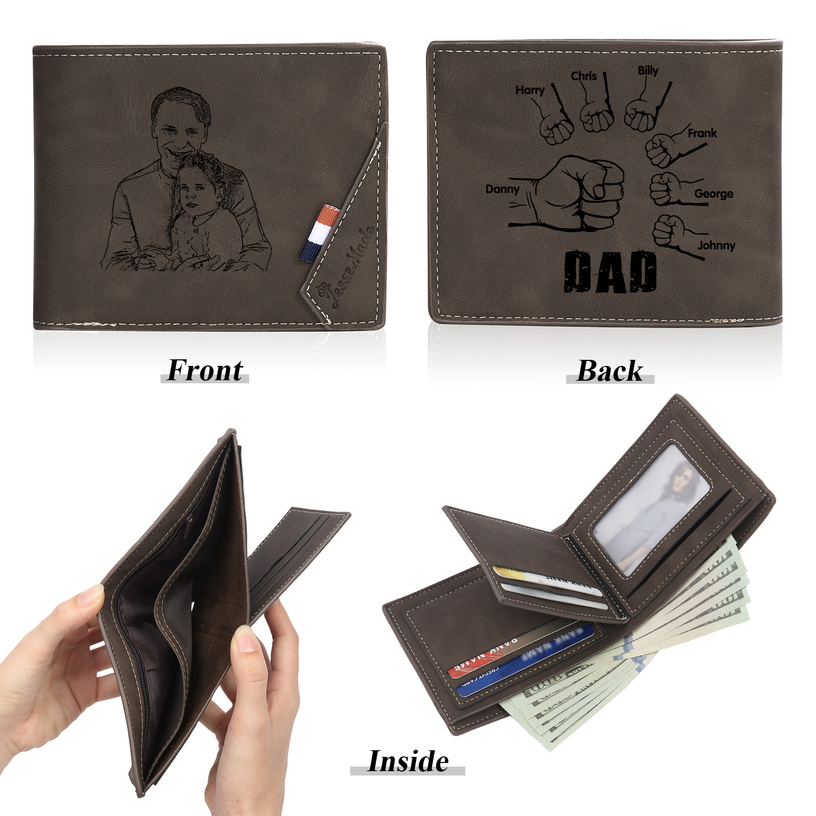 7 Names - Personalised Photo Custom Leather Men's Wallet as a Father's Day Gift for Dad