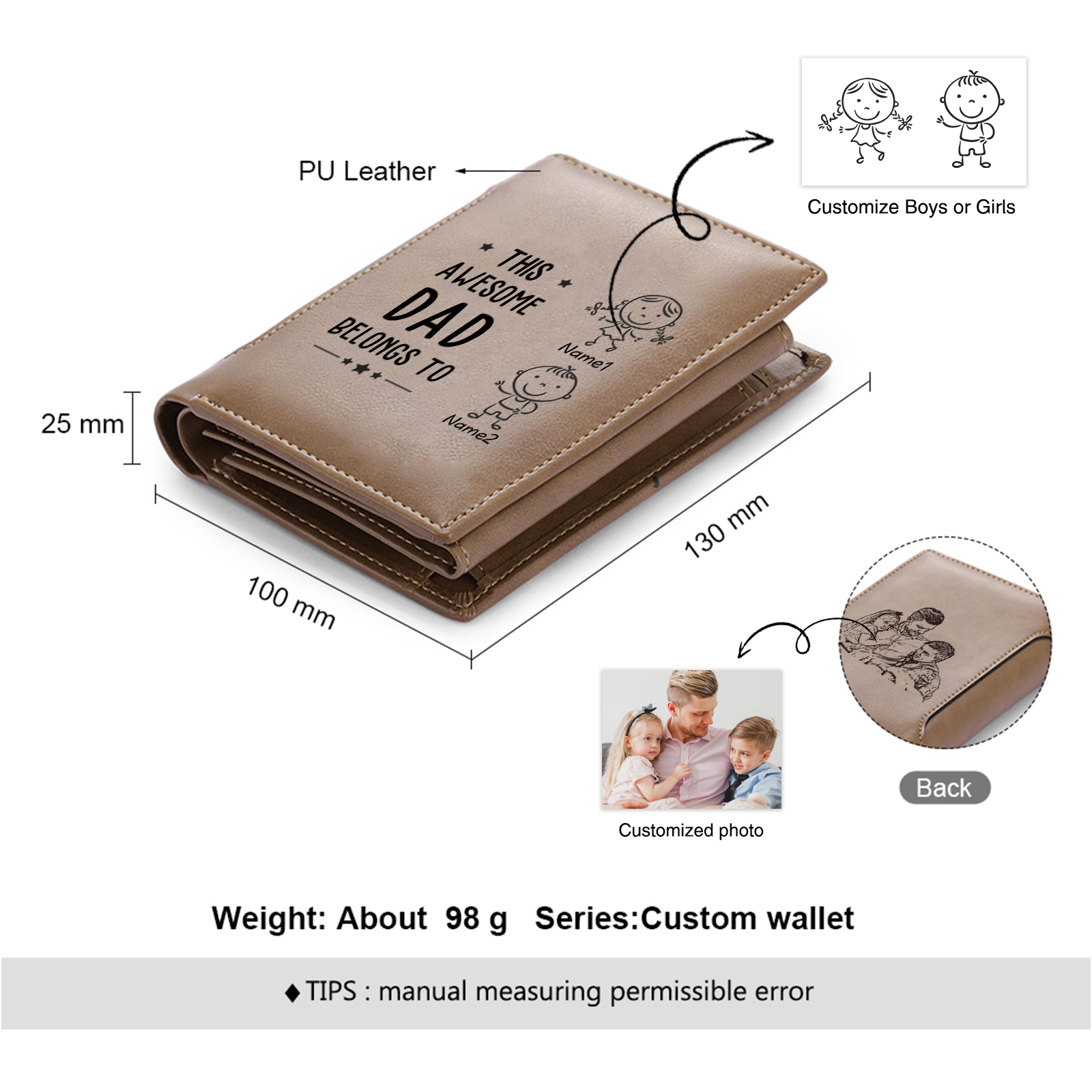 2 Names-Personalized Doll Customized Leather Men's Wallet Customized Name Folding Brown Wallet for Dad