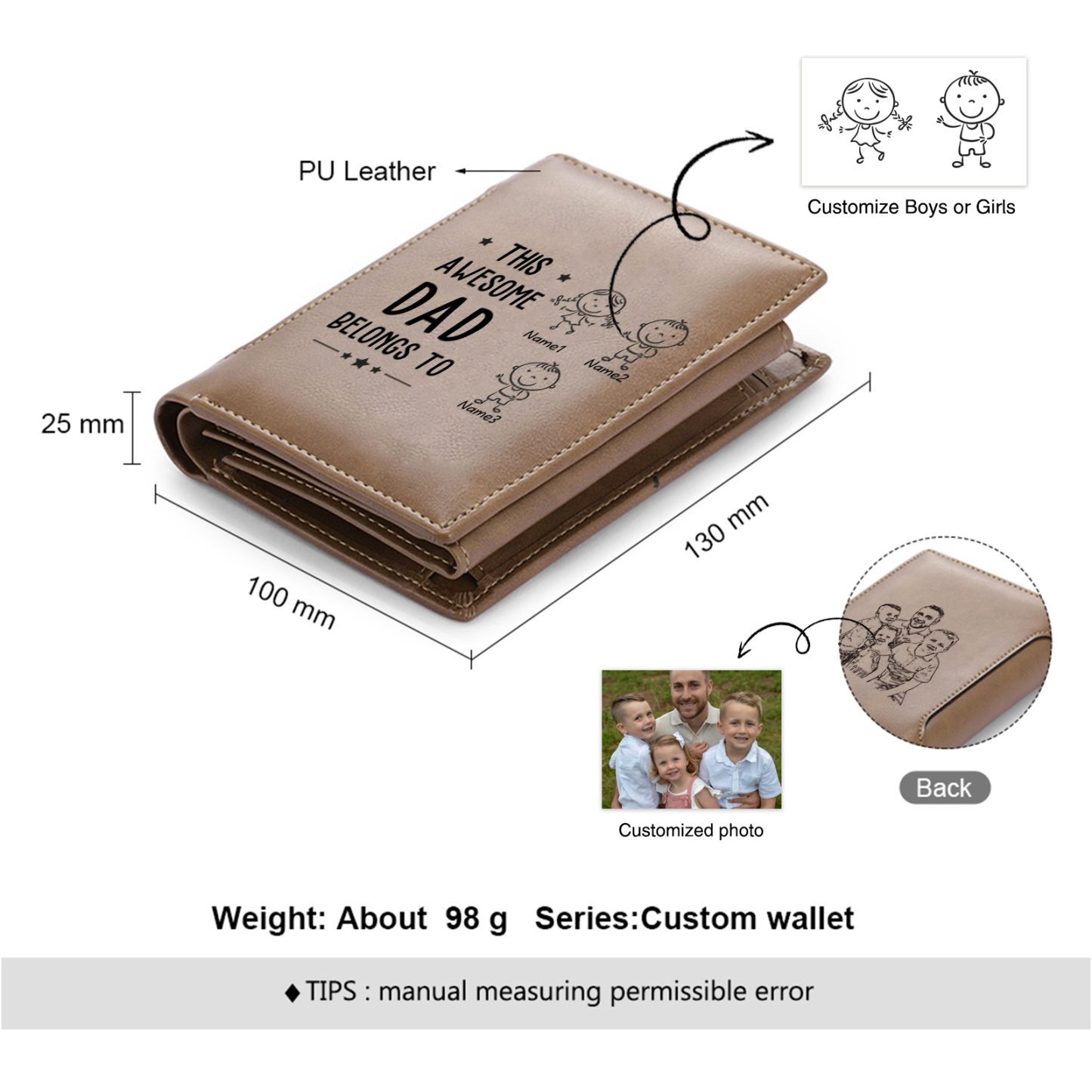 3 Names-Personalized Doll Customized Leather Men's Wallet Customized Name Folding Brown Wallet for Dad