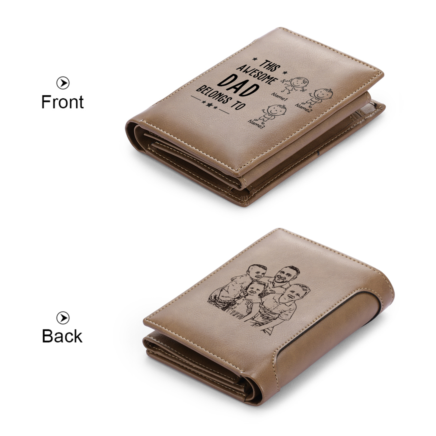 3 Names-Personalized Doll Customized Leather Men's Wallet Customized Name Folding Brown Wallet for Dad