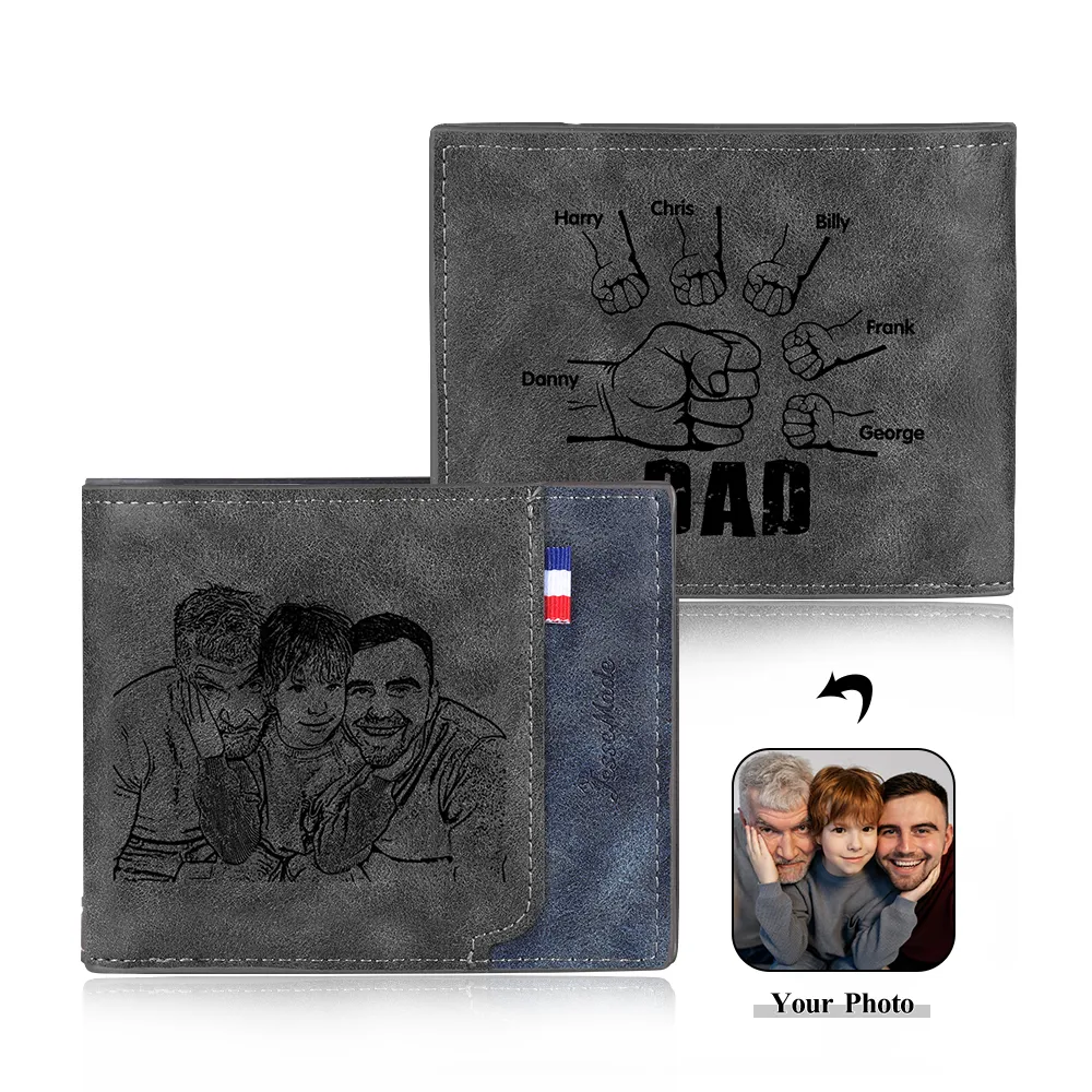 6 Names - Personalised Photo Custom Leather Men's Wallet as a Father's Day Gift for Dad