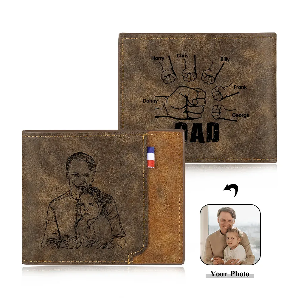 6 Names - Personalised Photo Custom Leather Men's Wallet as a Father's Day Gift for Dad