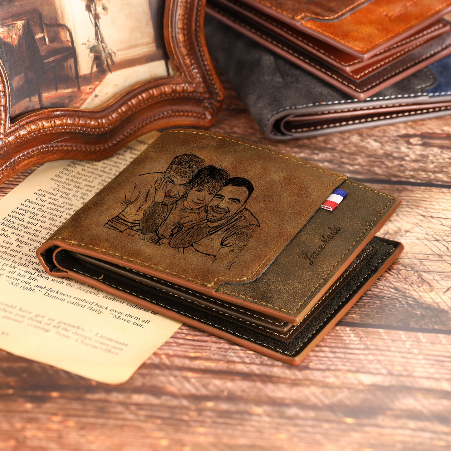 6 Names - Personalised Photo Custom Leather Men's Wallet as a Father's Day Gift for Dad