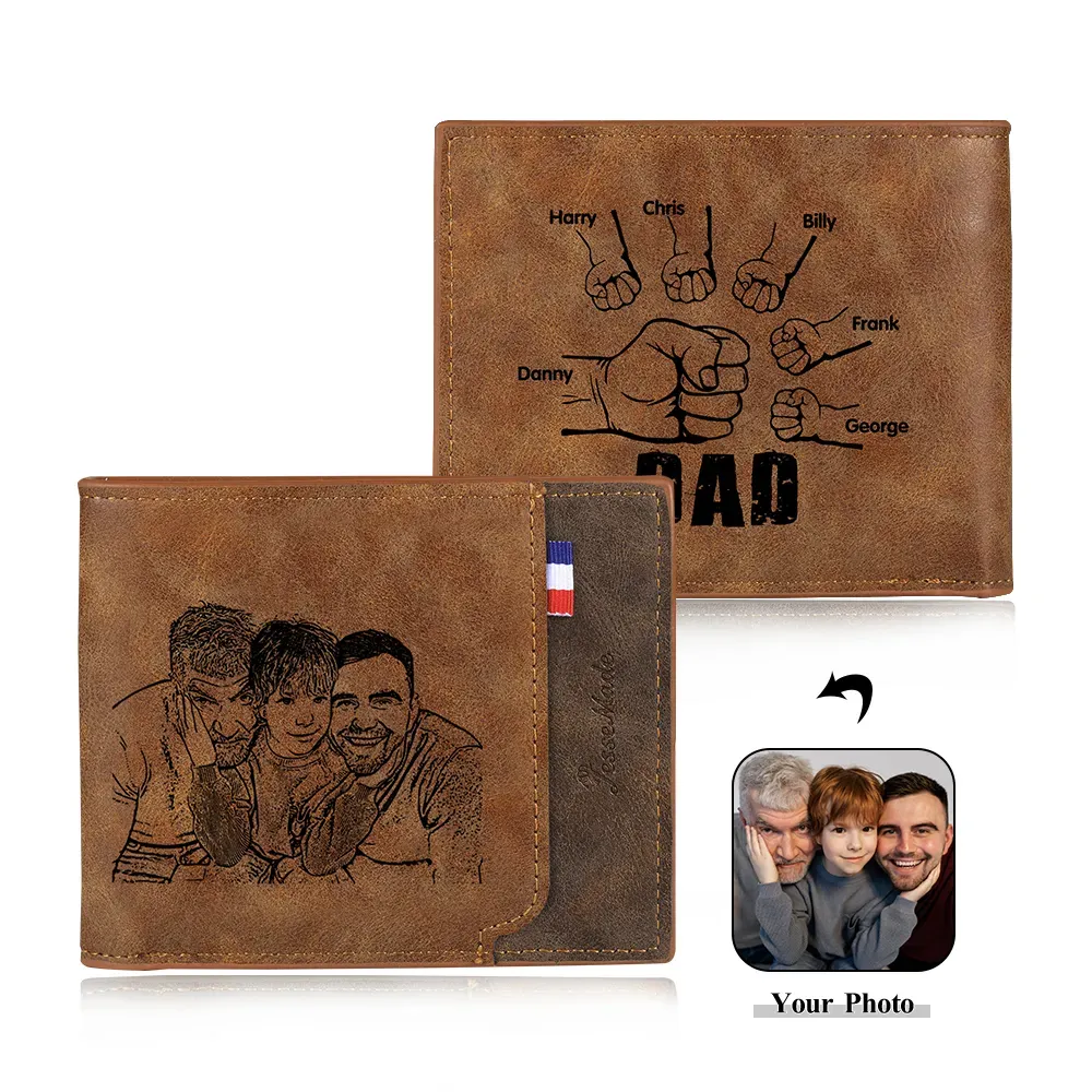 6 Names - Personalised Photo Custom Leather Men's Wallet as a Father's Day Gift for Dad
