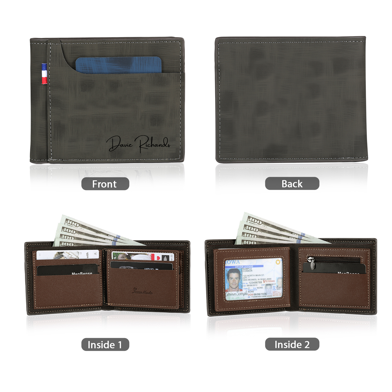 Personalized Custom Name Leather Men's Wallet Custom Name Folding Wallet for Dad