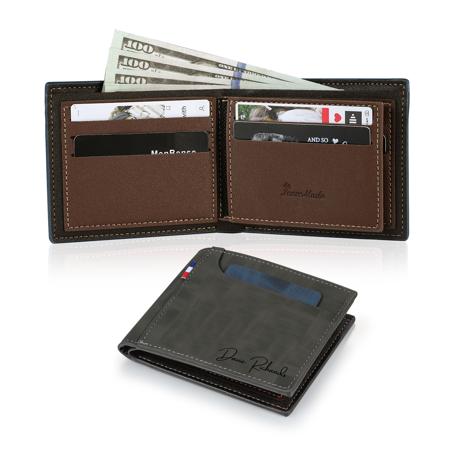 Personalized Custom Name Leather Men's Wallet Custom Name Folding Wallet for Dad