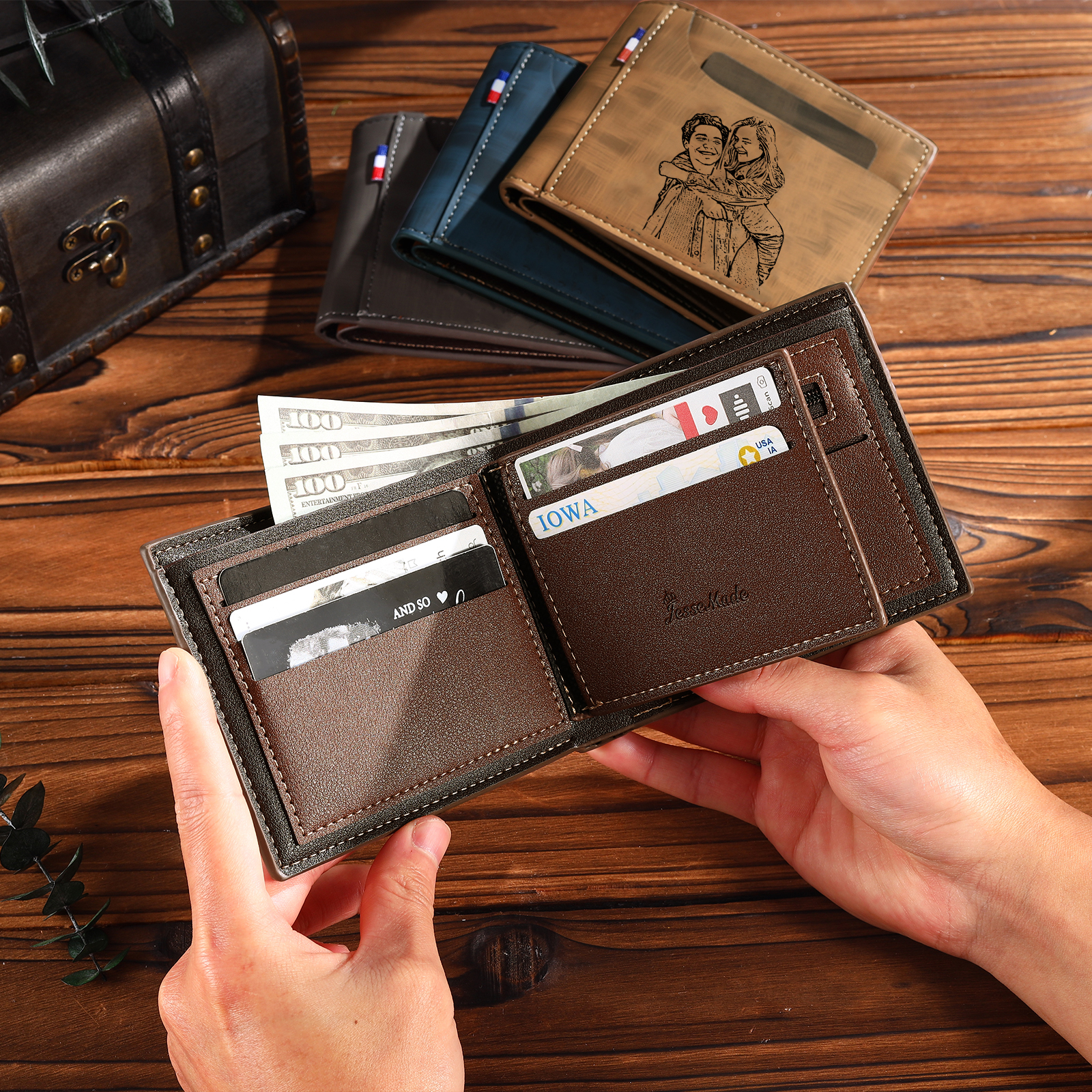 Personalized Custom Photo Leather Men's Wallet Custom Name Folding Wallet for Dad