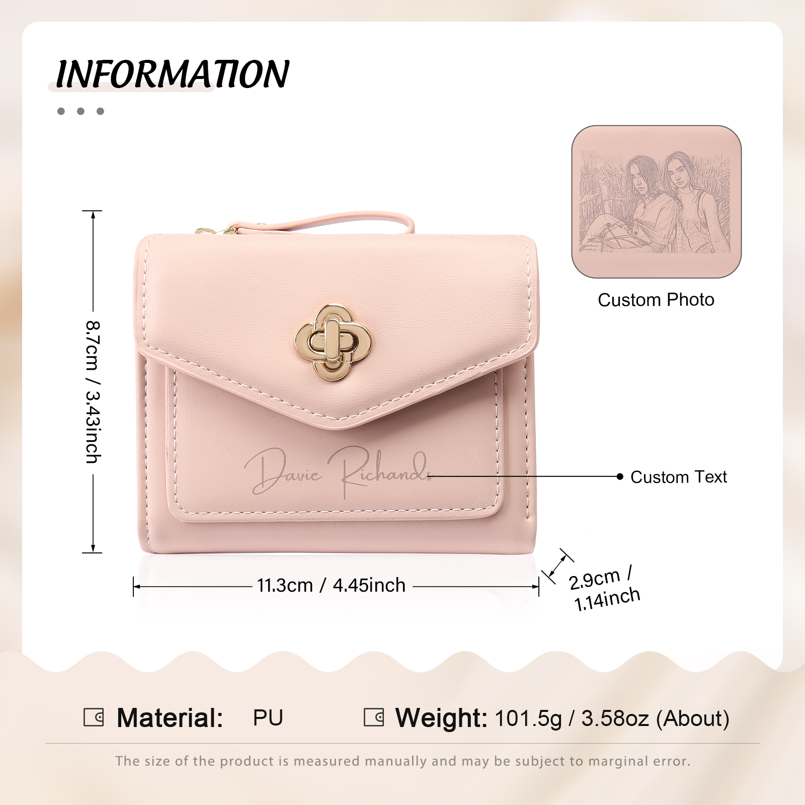Personalized Photo and Text PU Leather Button Wallet Coin Purse Three Colors Available Gift for Her