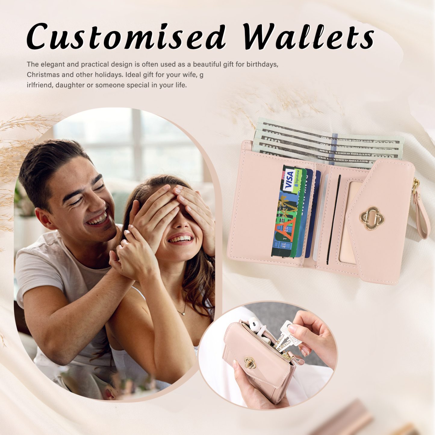 Personalized Photo and Text PU Leather Button Wallet Coin Purse Three Colors Available Gift for Her