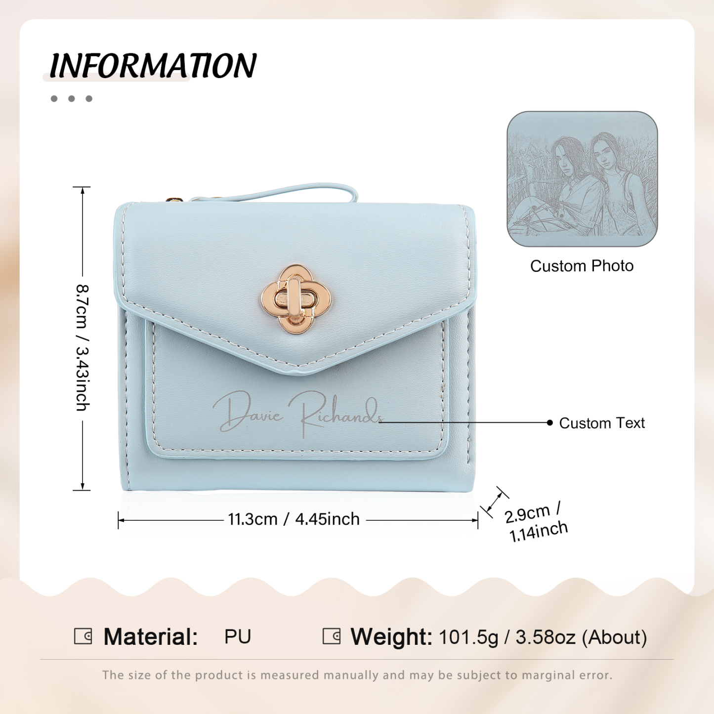 Personalized Photo and Text PU Leather Button Wallet Coin Purse Three Colors Available Gift for Her