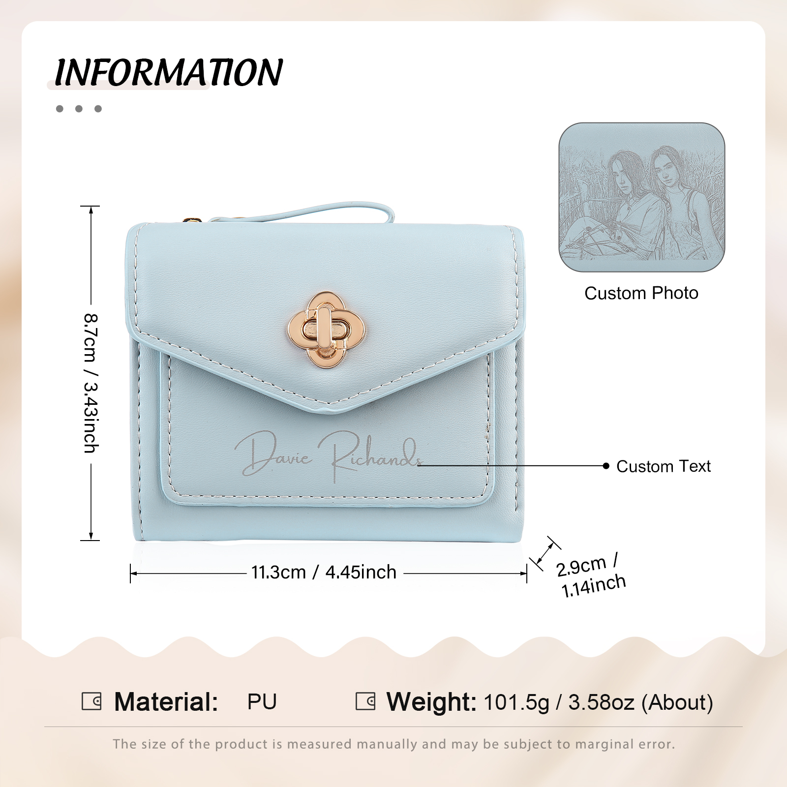 Personalized Photo and Text PU Leather Button Wallet Coin Purse Three Colors Available Gift for Her