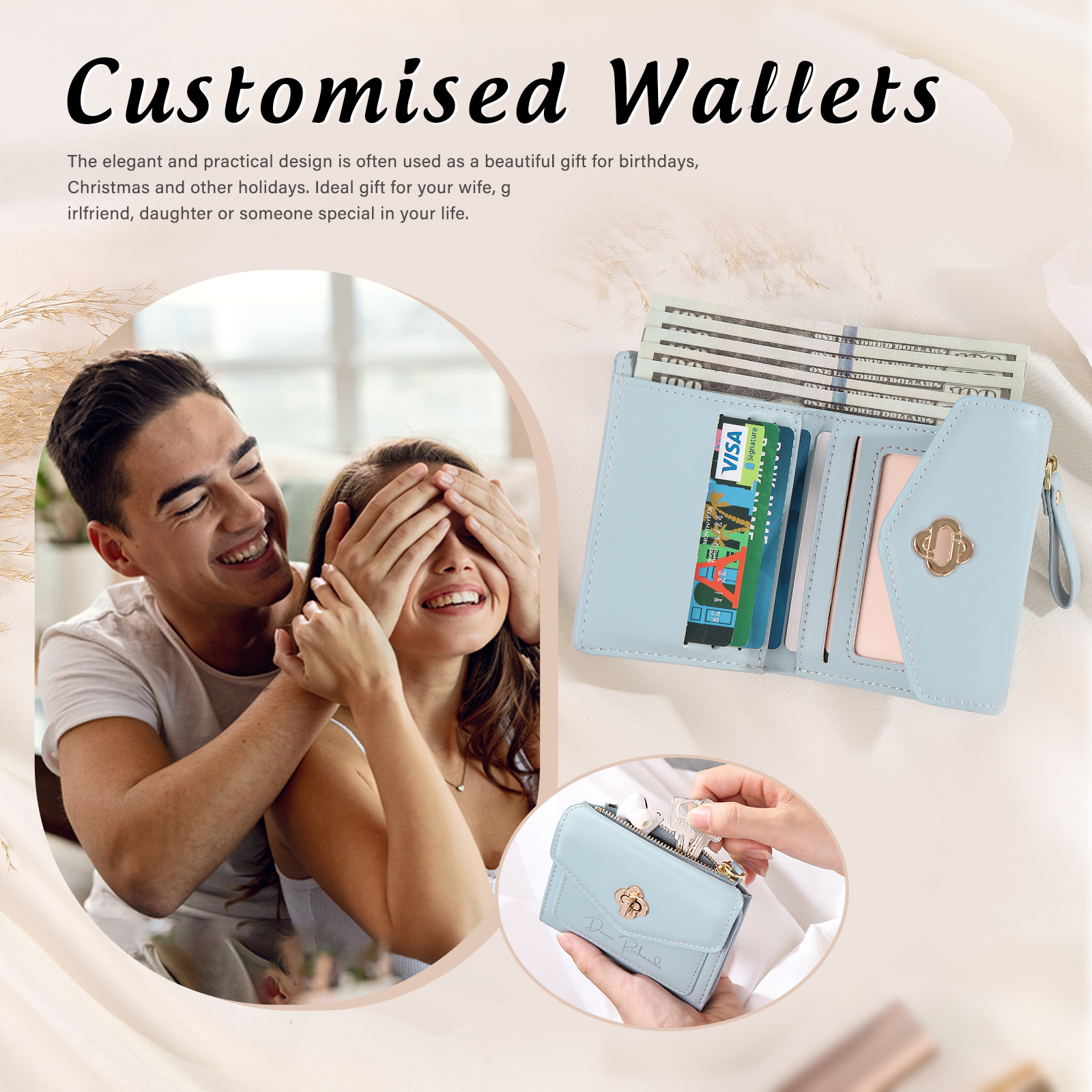 Personalized Photo and Text PU Leather Button Wallet Coin Purse Three Colors Available Gift for Her