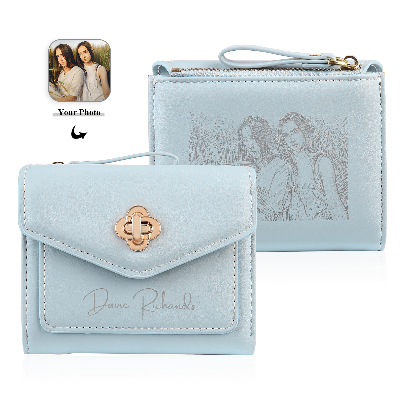 Personalized Photo and Text PU Leather Button Wallet Coin Purse Three Colors Available Gift for Her