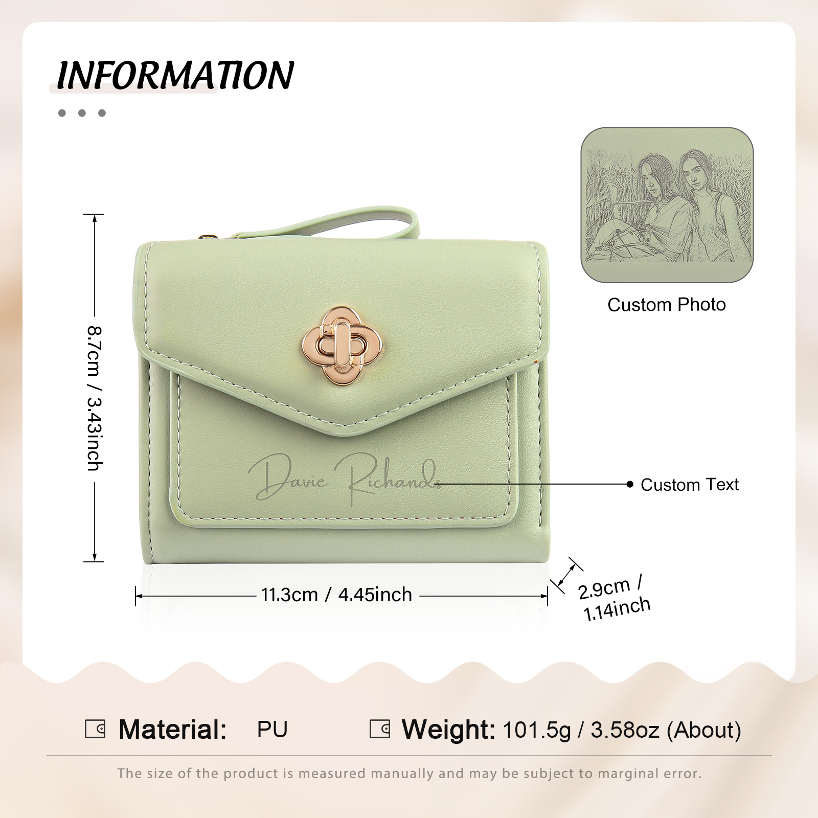 Personalized Photo and Text PU Leather Button Wallet Coin Purse Three Colors Available Gift for Her