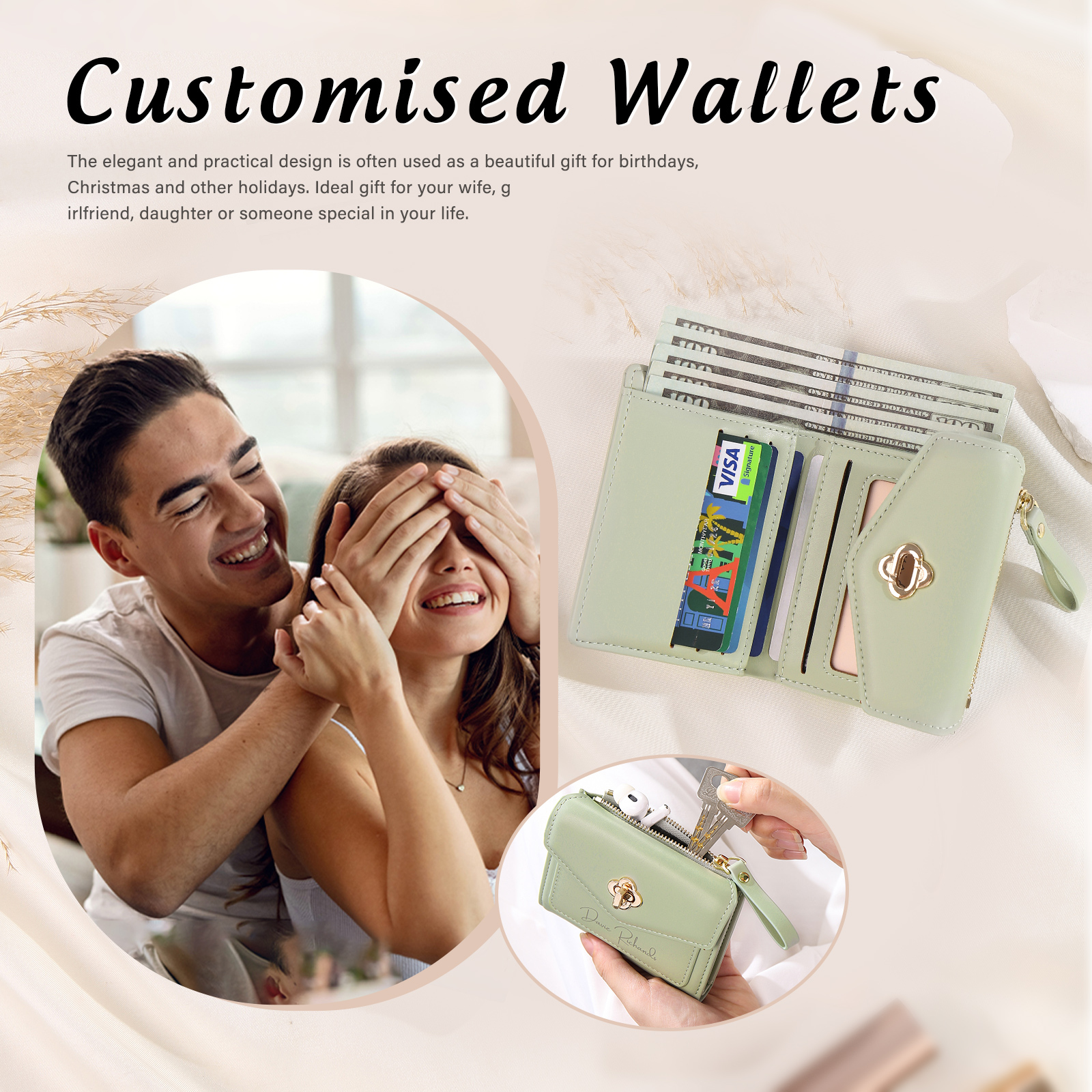 Personalized Photo and Text PU Leather Button Wallet Coin Purse Three Colors Available Gift for Her
