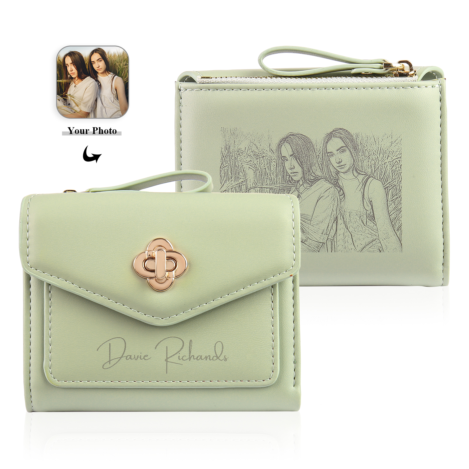 Personalized Photo and Text PU Leather Button Wallet Coin Purse Three Colors Available Gift for Her
