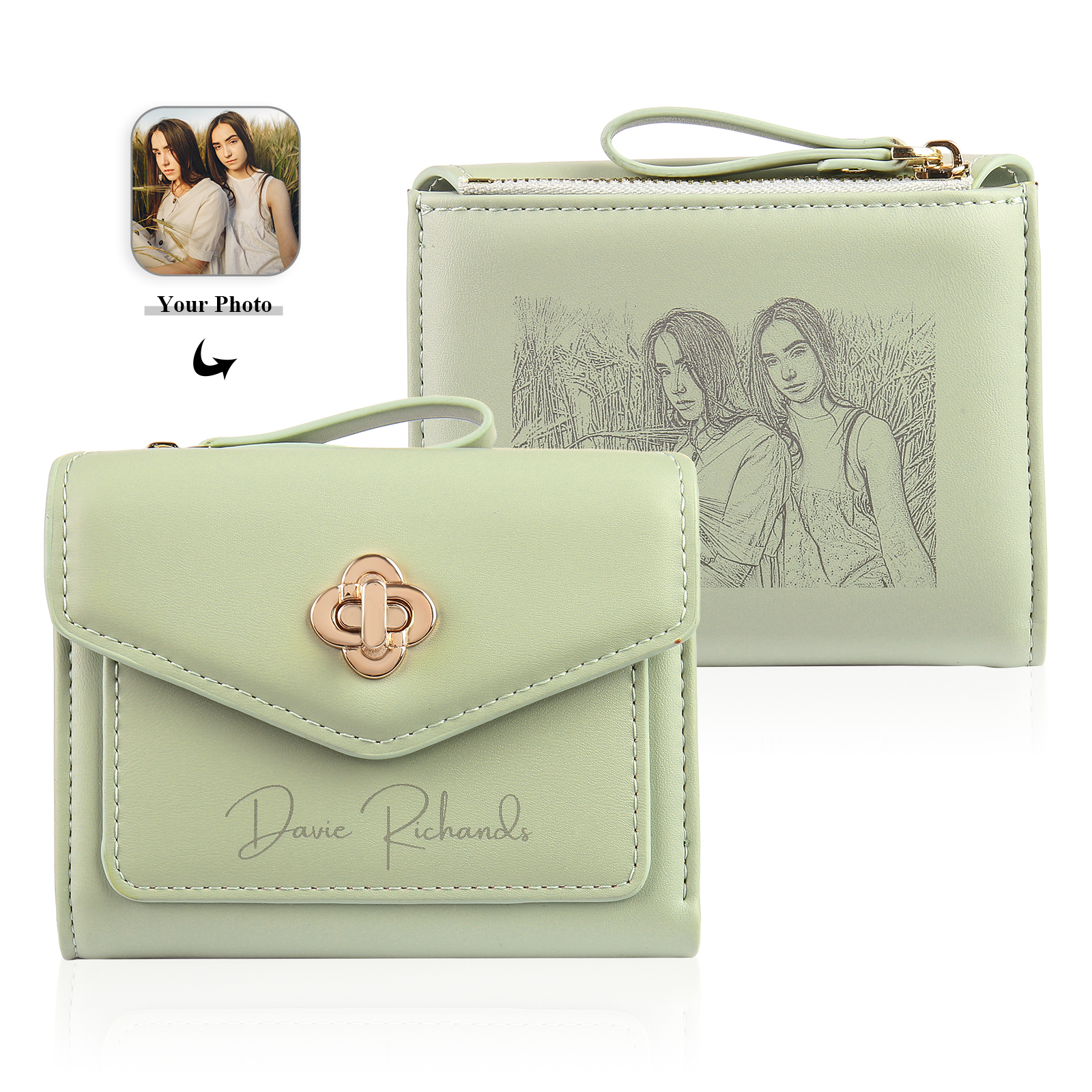 Personalized Photo and Text PU Leather Button Wallet Coin Purse Three Colors Available Gift for Her