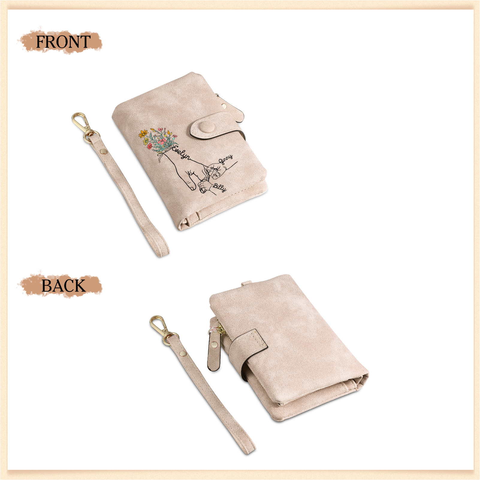 3 Names - Personalized Women's Wallet Customized 3 Names Hand in Hand Folding Women's Wallet Gift for Nan