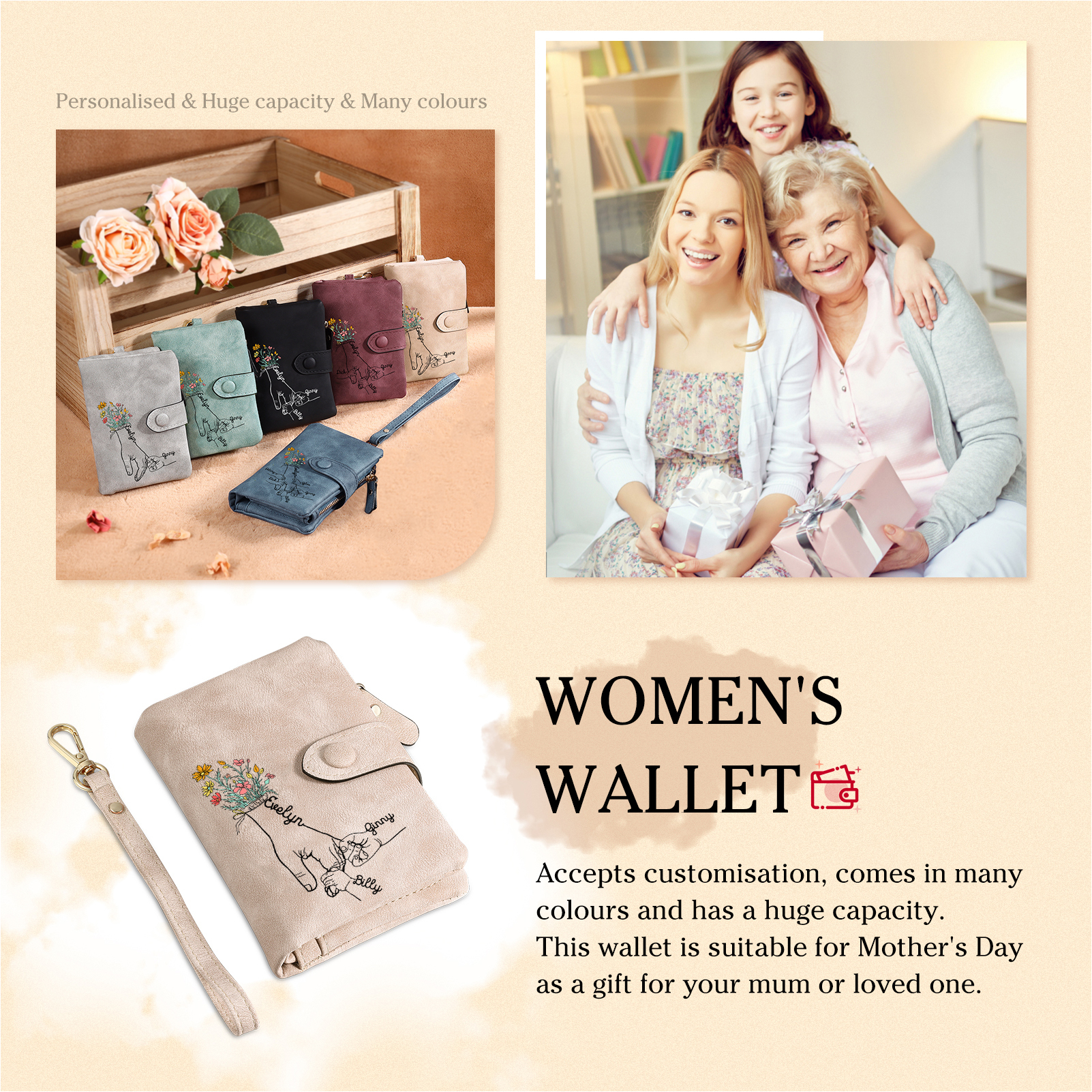 3 Names - Personalized Women's Wallet Customized 3 Names Hand in Hand Folding Women's Wallet Gift for Nan