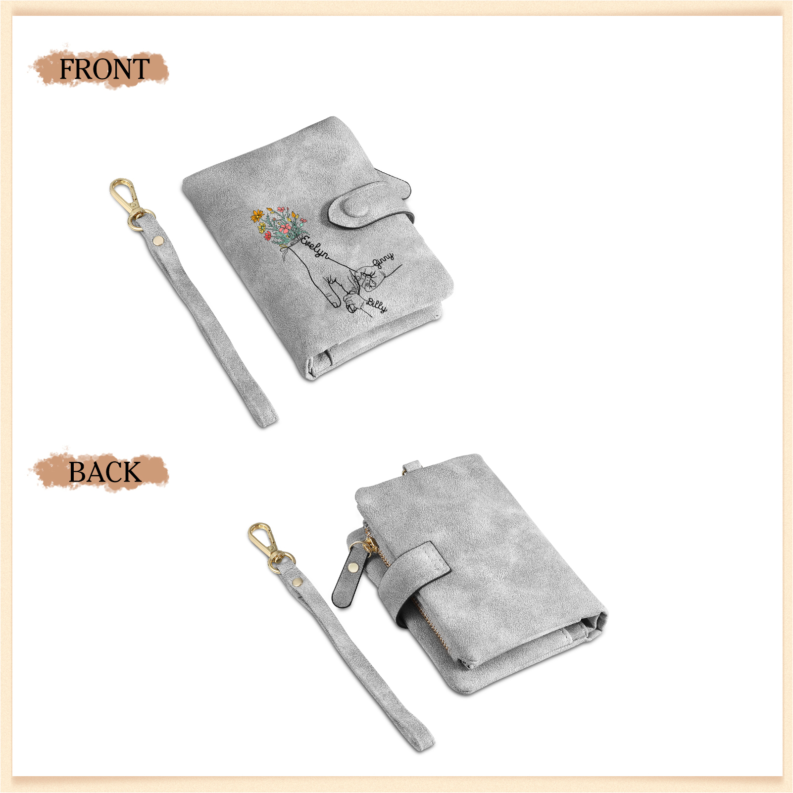 3 Names - Personalized Women's Wallet Customized 3 Names Hand in Hand Folding Women's Wallet Gift for Nan