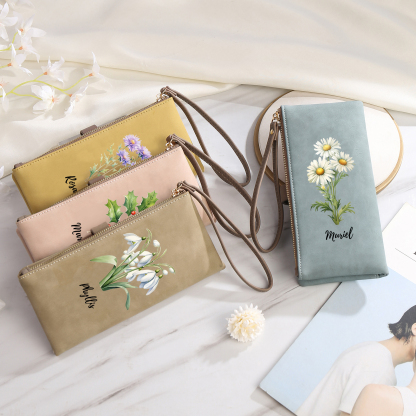 Personalized Birth Flowers And Name Women'S Zipper Wallet Exquisite Gift For Her