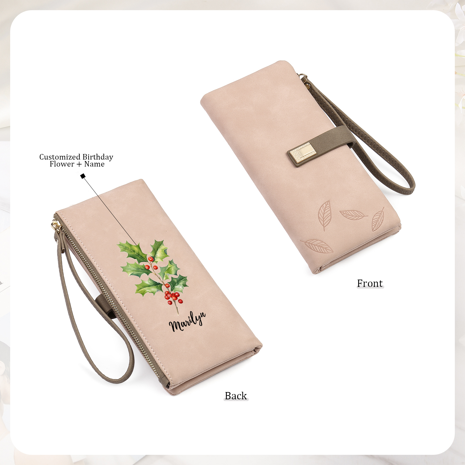 Personalized Birth Flowers And Name Women'S Zipper Wallet Exquisite Gift For Her