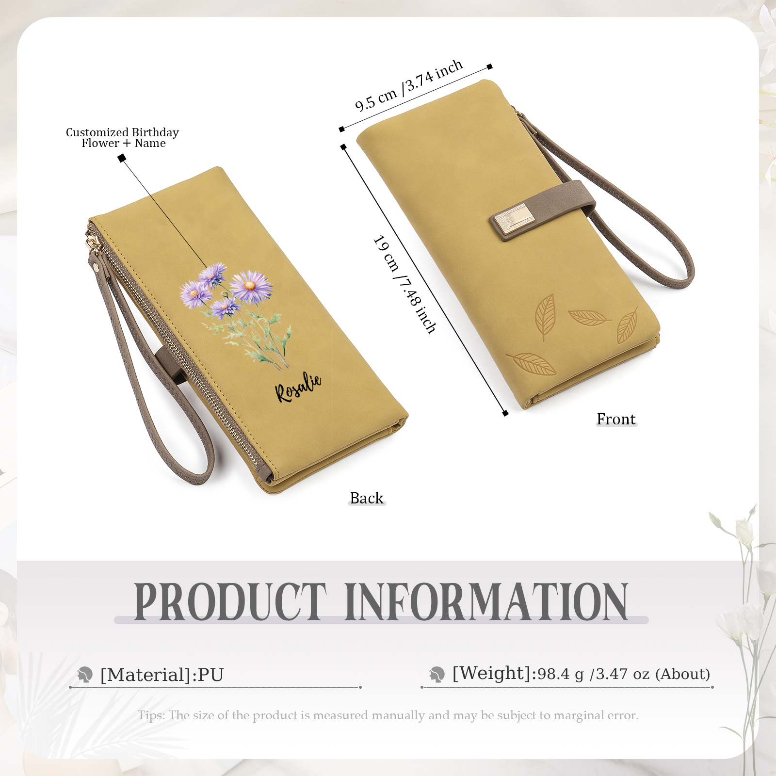 Personalized Birth Flowers And Name Women'S Zipper Wallet Exquisite Gift For Her