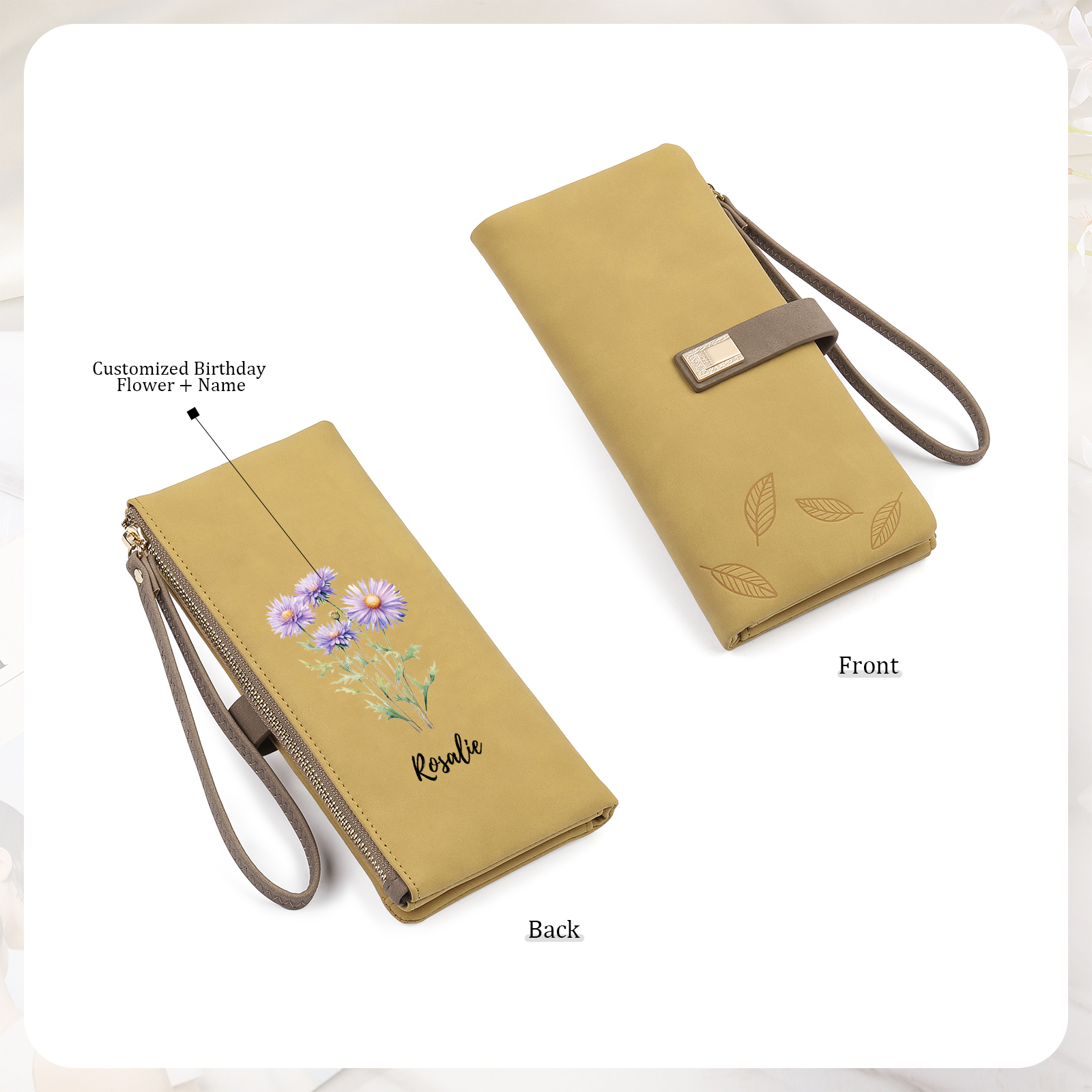 Personalized Birth Flowers And Name Women'S Zipper Wallet Exquisite Gift For Her