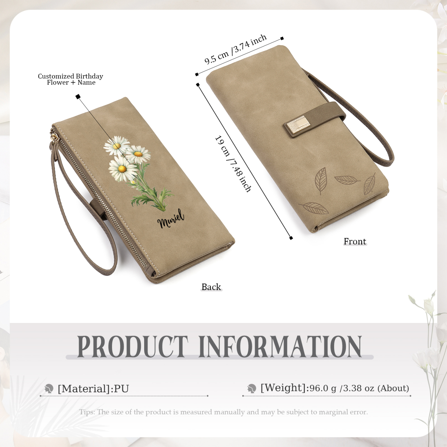 Personalized Birth Flowers And Name Women'S Zipper Wallet Exquisite Gift For Her