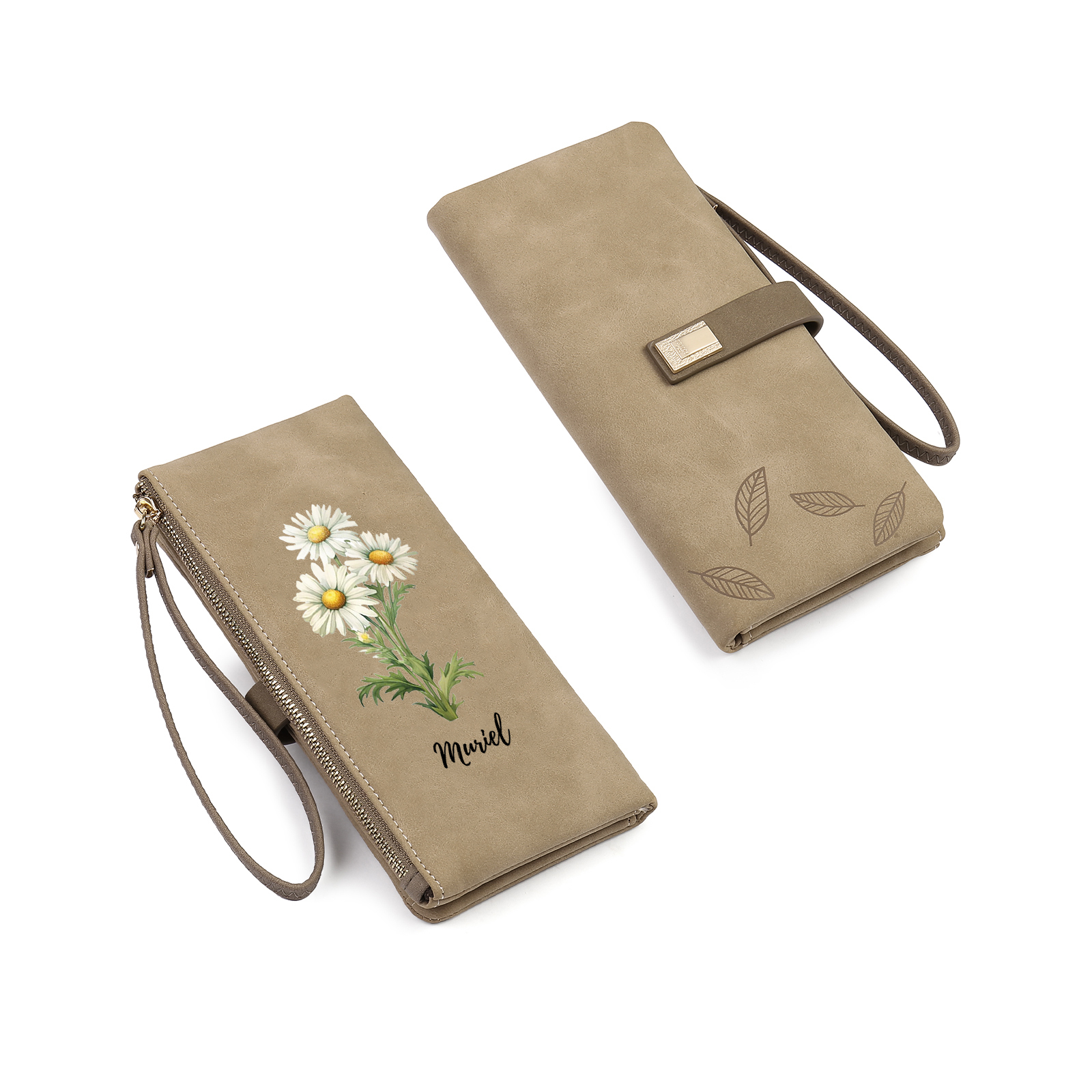 Personalized Birth Flowers And Name Women'S Zipper Wallet Exquisite Gift For Her
