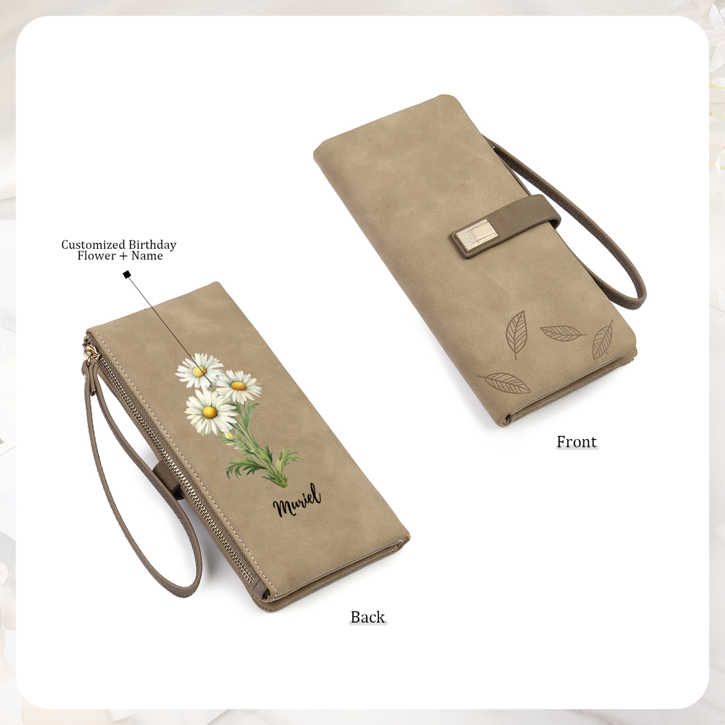 Personalized Birth Flowers And Name Women'S Zipper Wallet Exquisite Gift For Her