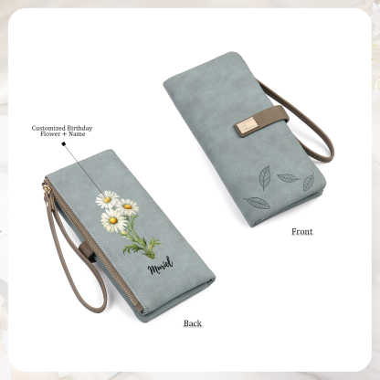 Personalized Birth Flowers And Name Women'S Zipper Wallet Exquisite Gift For Her