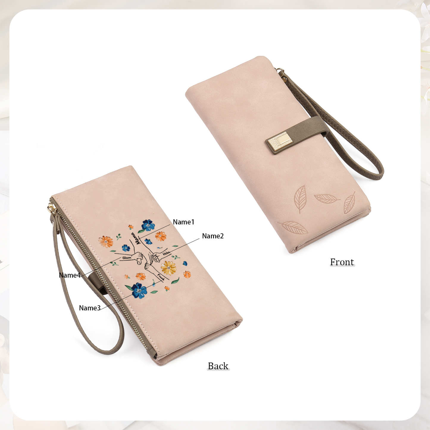 Personalised 4 Names PU Leather Wallet, Custom Long Wallet Gift For Her | Jessemade