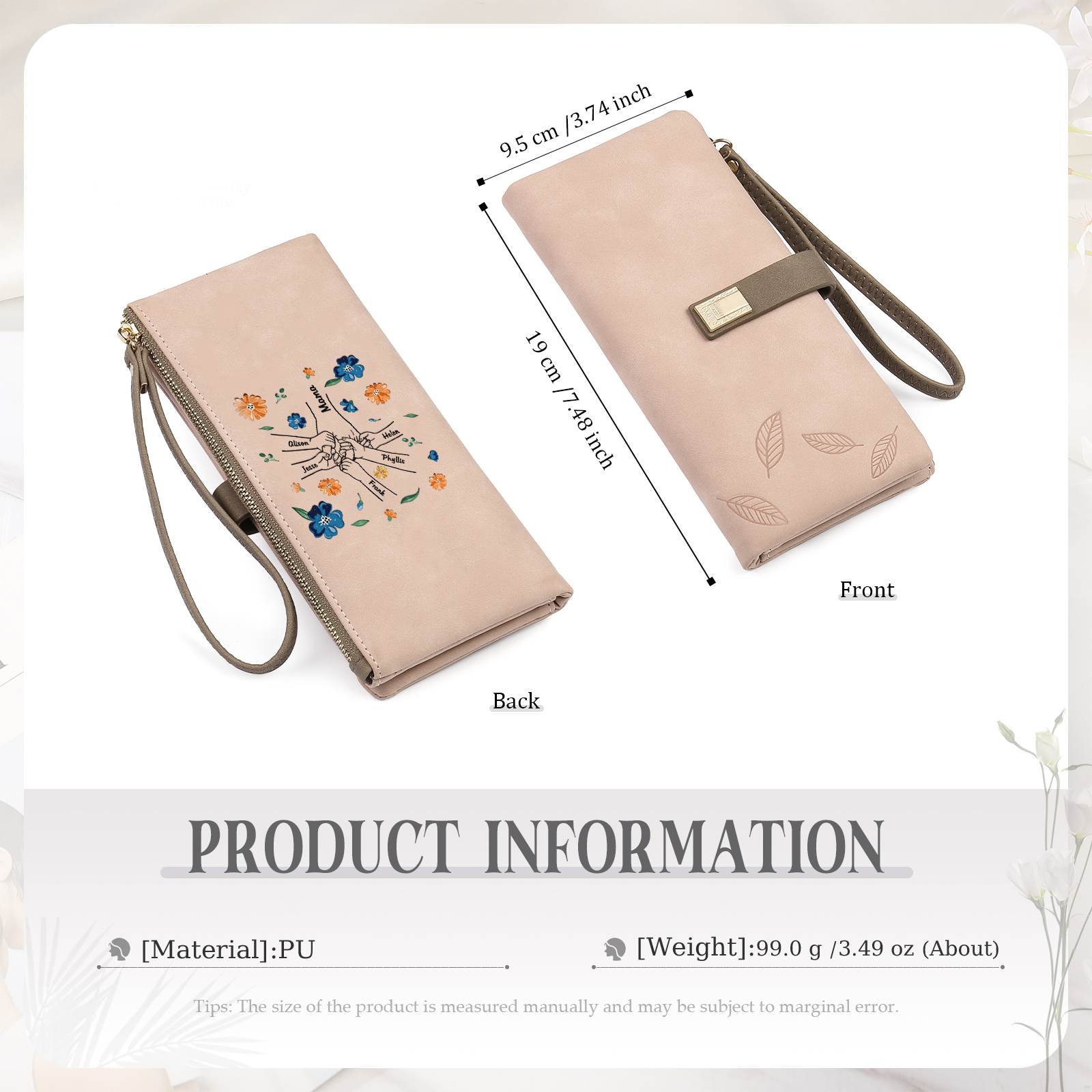 Personalised 6 Names PU Leather Wallet, Custom Long Wallet Gift For Her | Jessemade