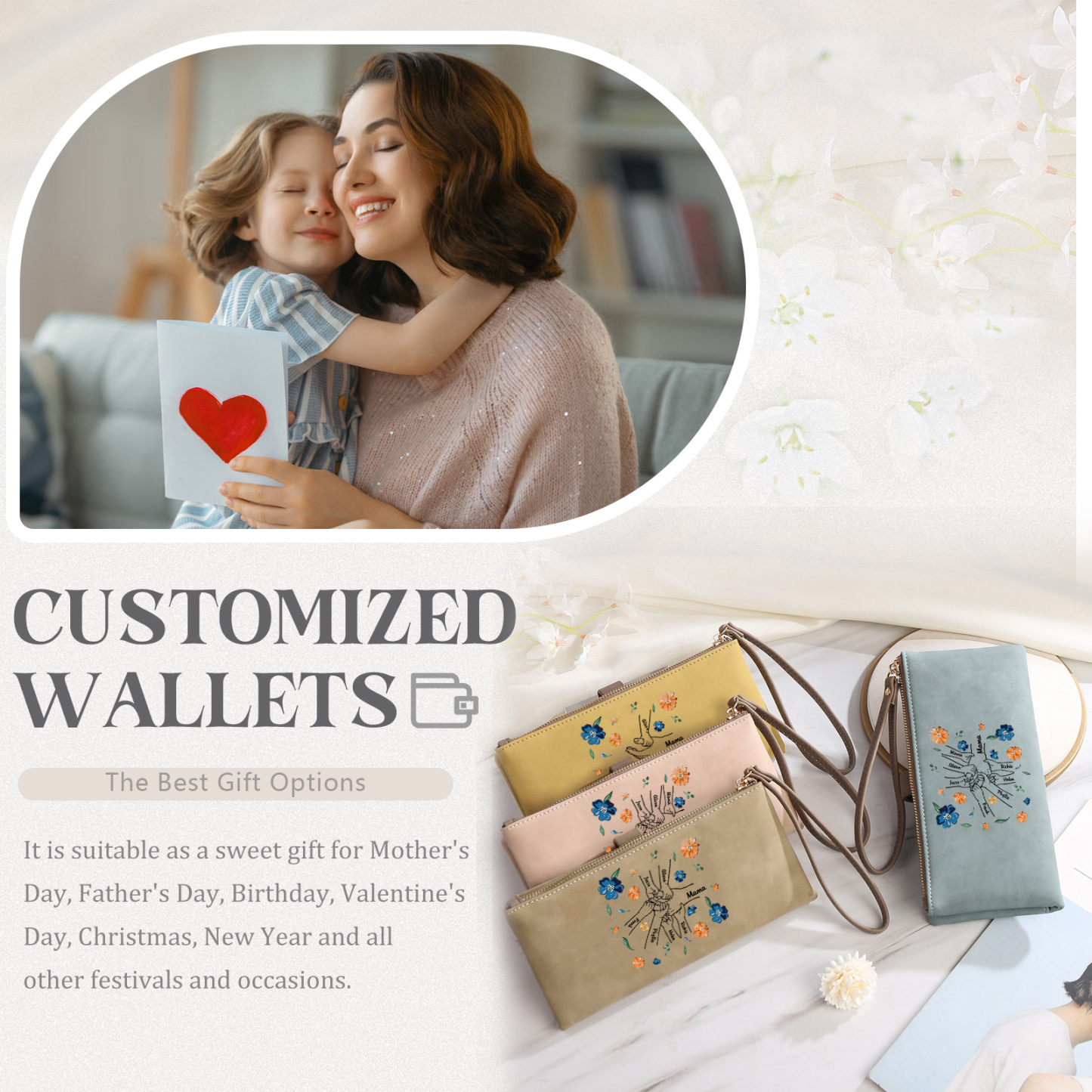 Personalised 8 Names PU Leather Wallet, Custom Long Wallet Gift For Her | Jessemade