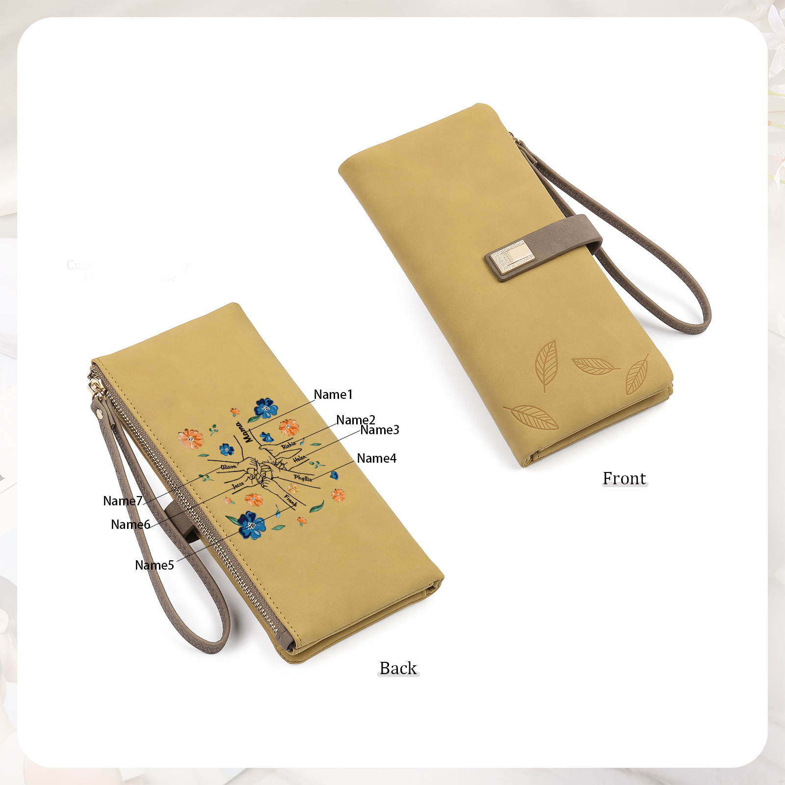 Personalised 7 Names PU Leather Wallet, Custom Long Wallet Gift For Her | Jessemade