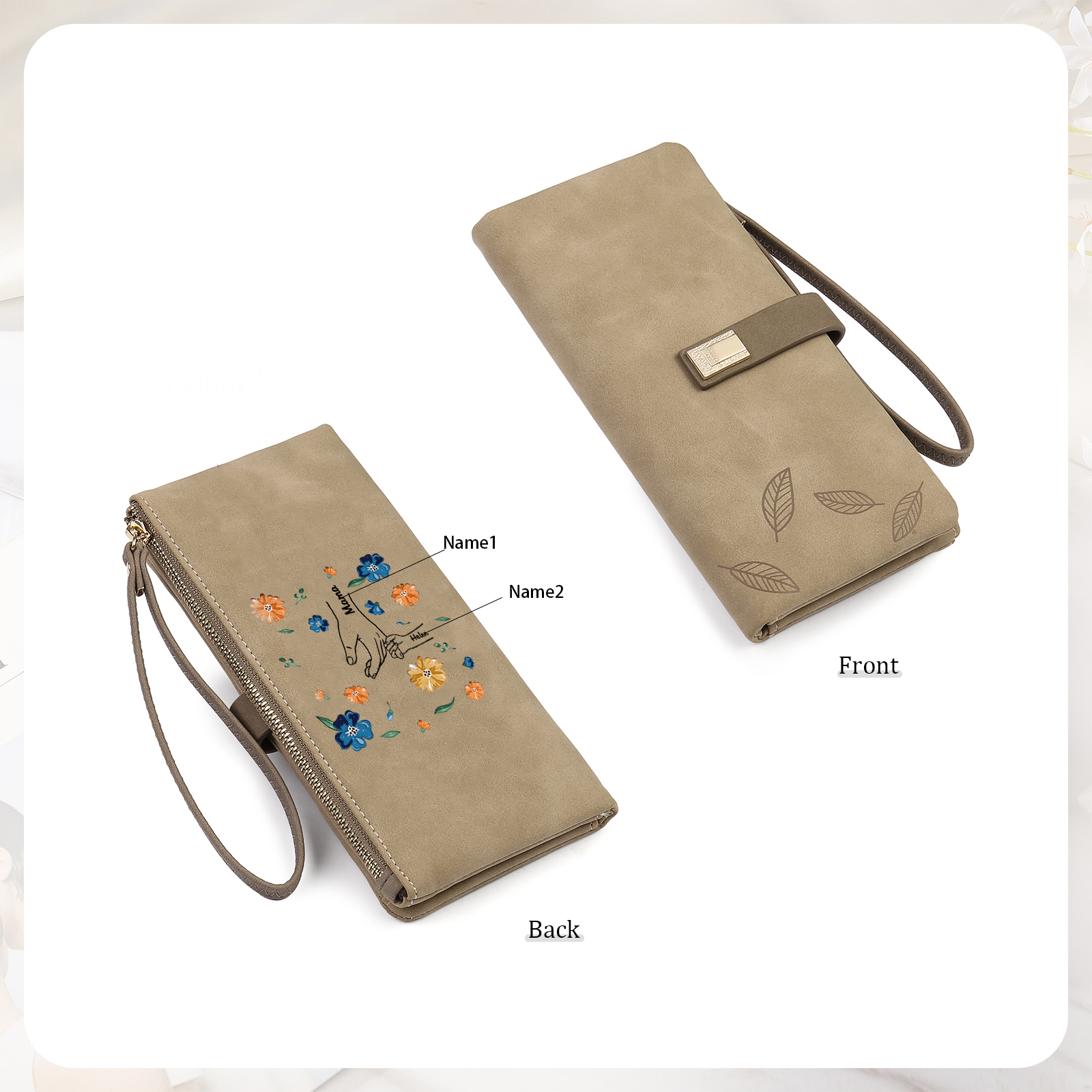 Personalised 2 Names PU Leather Wallet, Custom Long Wallet Gift For Her | Jessemade