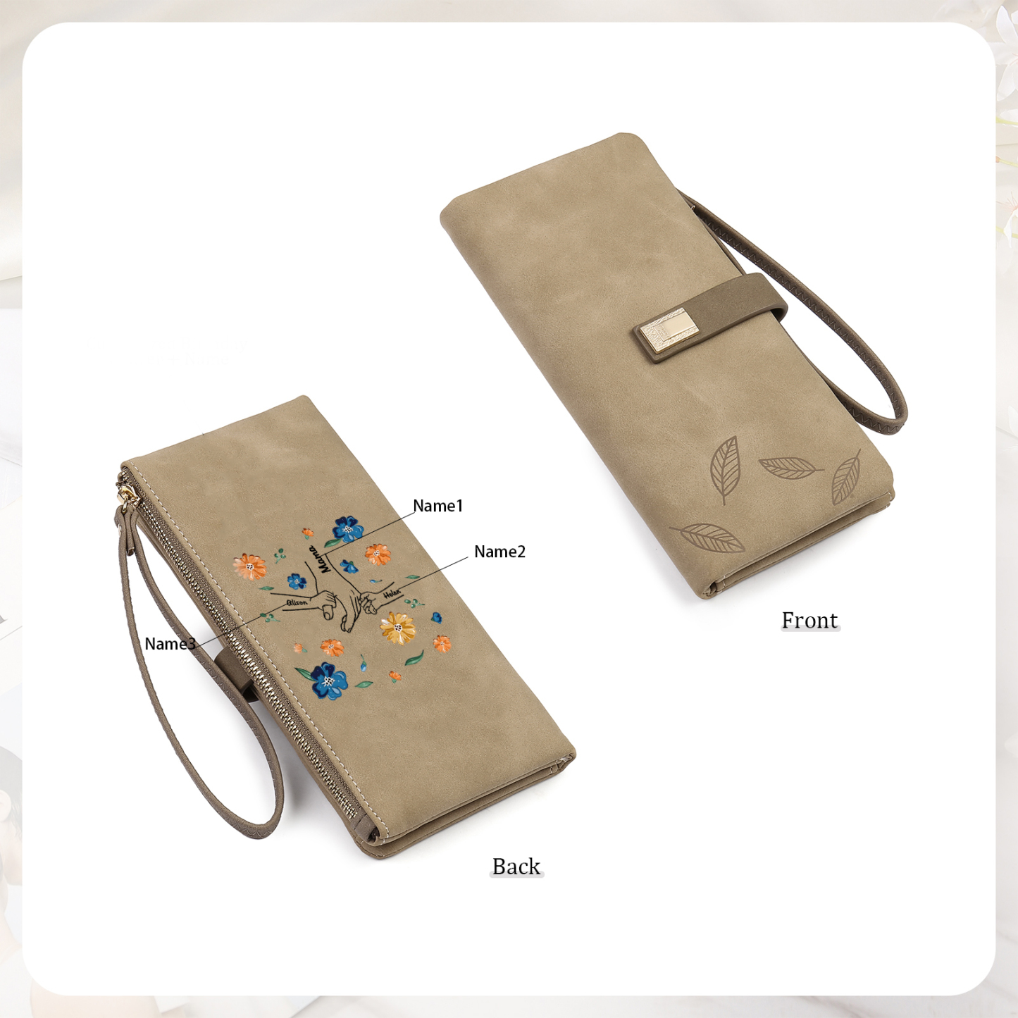 Personalised 3 Names PU Leather Wallet, Custom Long Wallet Gift For Her | Jessemade