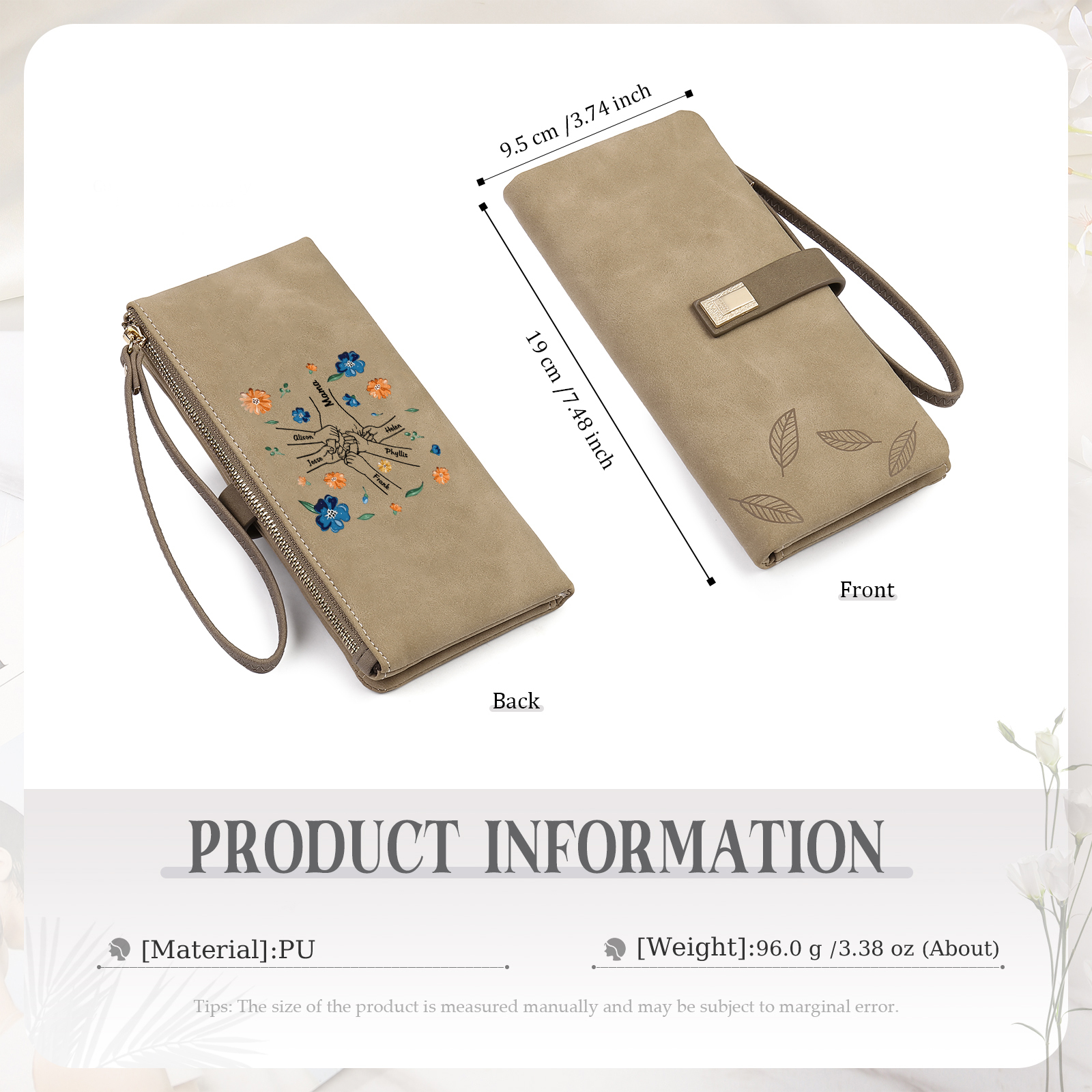 Personalised 6 Names PU Leather Wallet, Custom Long Wallet Gift For Her | Jessemade