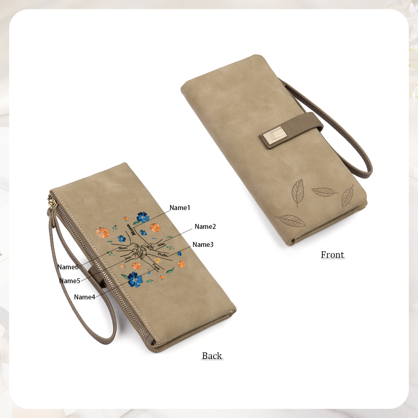 Personalised 6 Names PU Leather Wallet, Custom Long Wallet Gift For Her | Jessemade