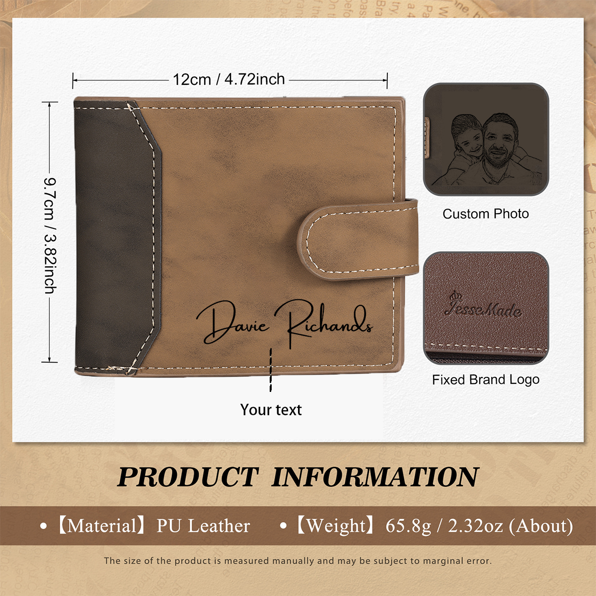 Personalised Men's Wallet - Custom Photo and Text in Brown/Gray - Christmas Gift for Him | Jessemade