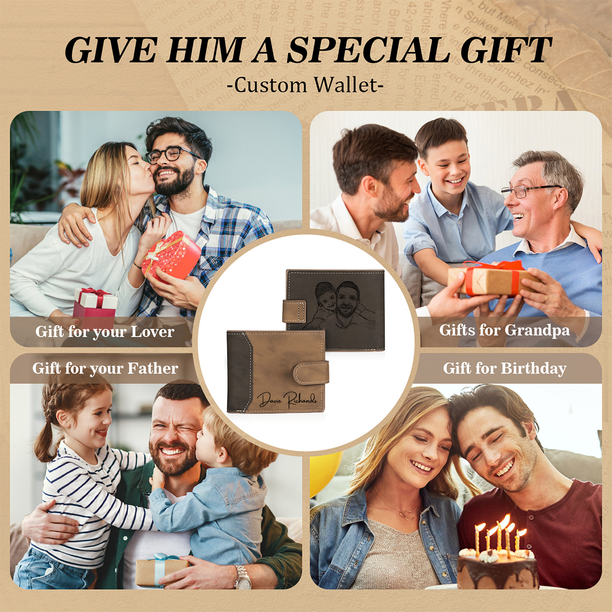 Personalised Men's Wallet - Custom Photo and Text in Brown/Gray - Christmas Gift for Him | Jessemade
