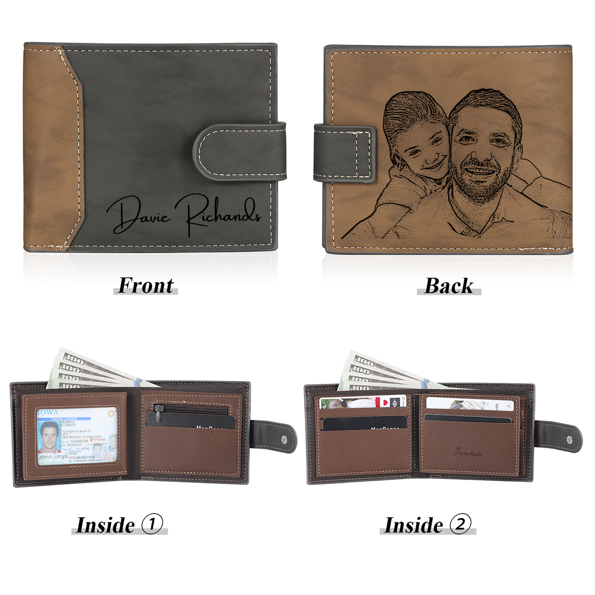 Personalised Men's Wallet - Custom Photo and Text in Brown/Gray - Christmas Gift for Him | Jessemade